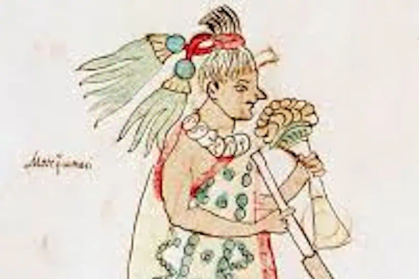 A pre-hispanic image of a person holding flor de calabaza
