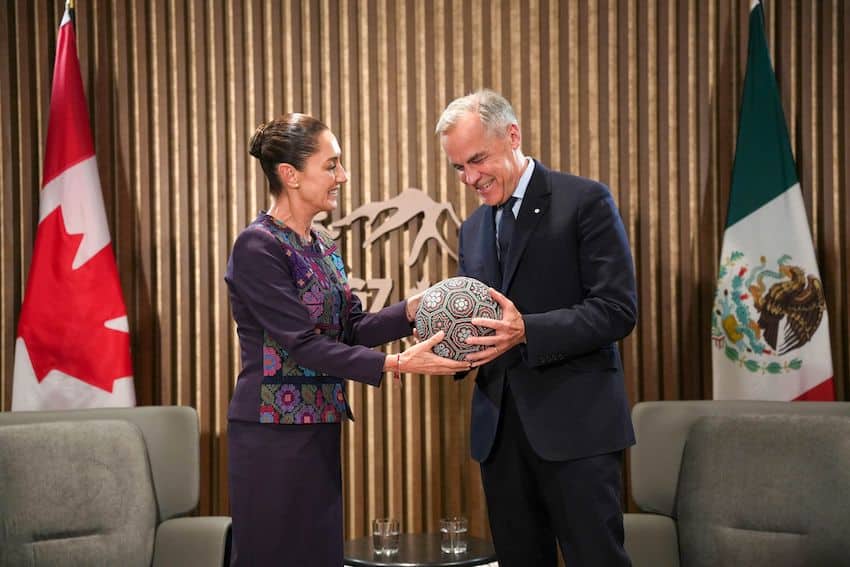 Sheinbaum gifted the Canadian prime minister a soccer ball made by members of the Wixárika community in Mexico as a symbol of friendship and unity ahead of the 2026 FIFA World Cup, which will be held in Mexico, the U.S. and Canada.