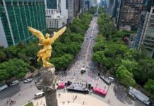 Before you move in: An architect’s guide to finding the right Mexico City location for you An aerial view of the Angel of Independence monument on Reforma Avenue in Mexico City, looking down the tree-lined boulevard surrounded by tall city buildings.