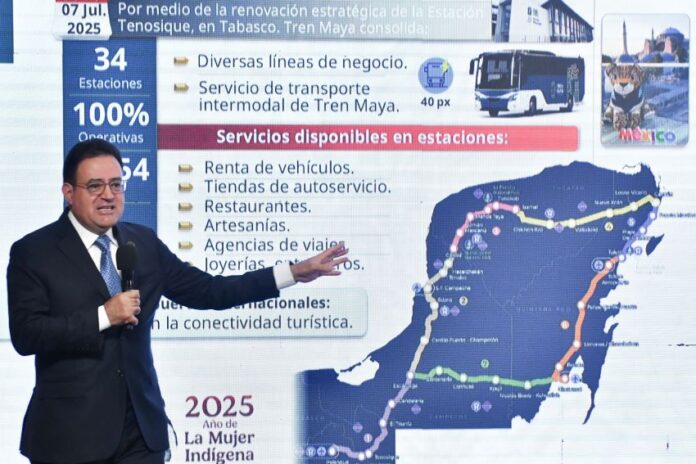 A map of the Maya Train at a press conference