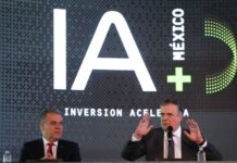 Mexico set to launch its own AI language model backed by Nvidia two men at podium with IA (AI in English) iage behind them.