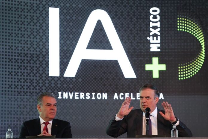 two men at podium with IA (AI in English) iage behind them.
