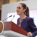 President Sheinbaum at the podium of her morning press conference