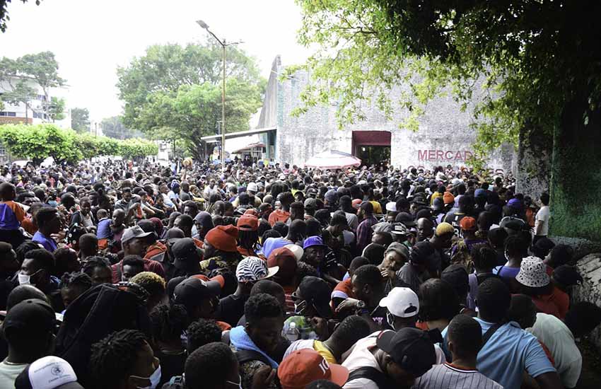 Migrants in Tapachula, Mexico, protesting processing delays outside the Mexican Commission for Refugee Assistance offices