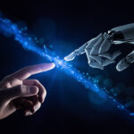An AI robot hand reaches out to touch a human hand