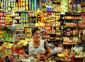 My family runs a convenience store in México state: Here’s everything I’ve learned A Mexican middle-aged woman with a warm smile stands behind a counter laden with colorful packaged goods in her small, traditional Mexican grocery store. Shelves packed tightly with a wide variety of canned goods, bottles, and boxes rise behind her create a vibrant, somewhat cluttered backdrop. She wears a white apron dress over her sundress to protect it.
