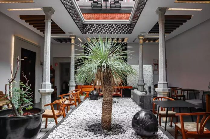 Inner courtyard in hotel with open skylight and palm growing in center of room