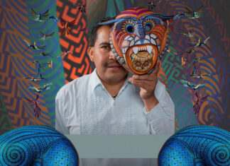 The artists behind Oaxaca’s global art fame: 10 visionaries you should know Artist Jacobo Ángeles holding a traditional Oaxacan folk art mask in front of his face.