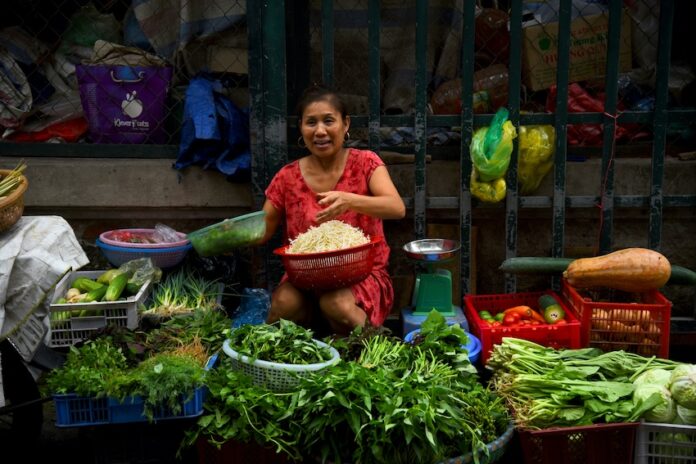 Woman vendor sells groceries at a market