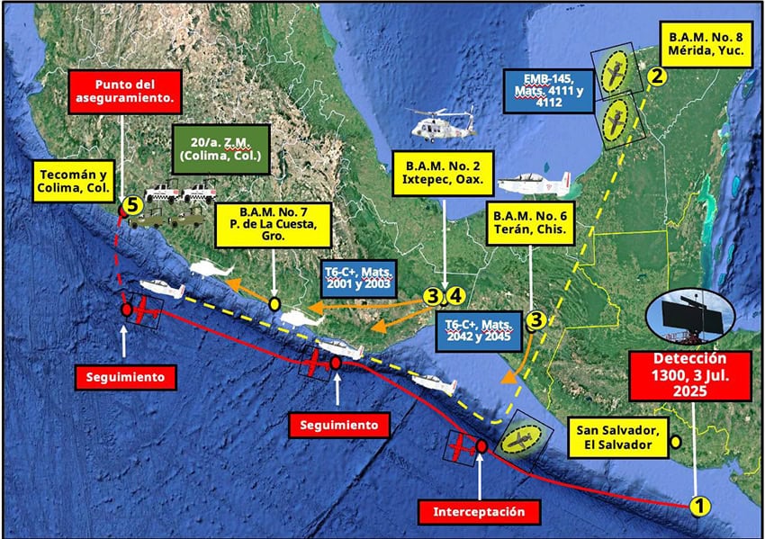 A map of a plane's route from Central America to Mexico