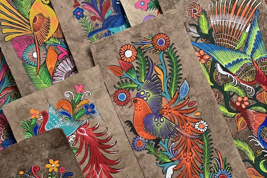 Traditional Mexican illustrations on amate paper