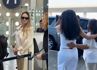 Here’s what we know about Angelina Jolie and Salma Hayek’s meeting with the governor of Veracruz A photo of Angelina Jolie in an airport and another blurry image of Salma Hayek leaving the airport.