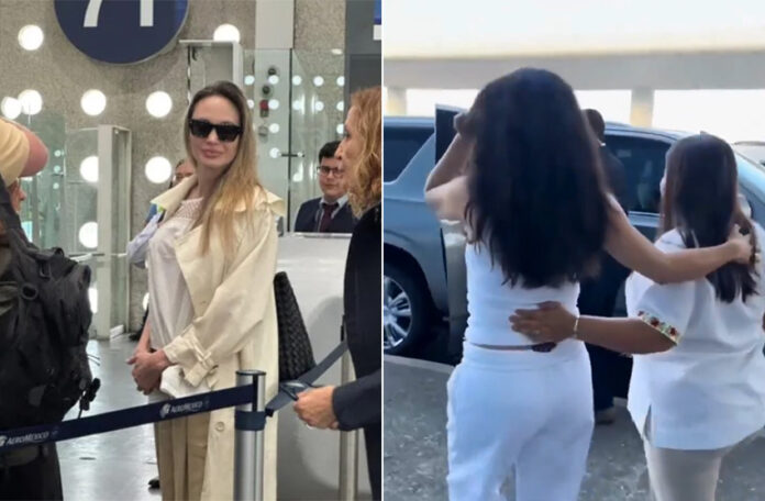 A photo of Angelina Jolie in an airport and another blurry image of Salma Hayek leaving the airport.