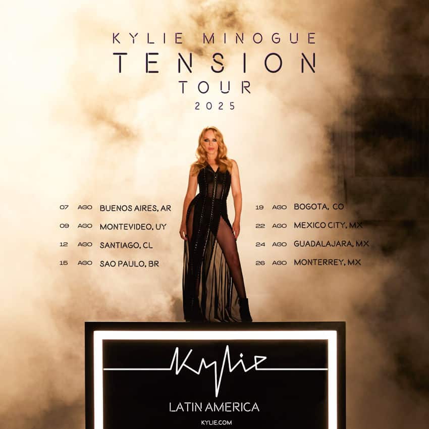 Promotional poster for Kylie Minogue's Tension Tour 2025 shows the Australian pop star and lists Latin American dates, including her August 24 concert in Guadalajara, Mexico.