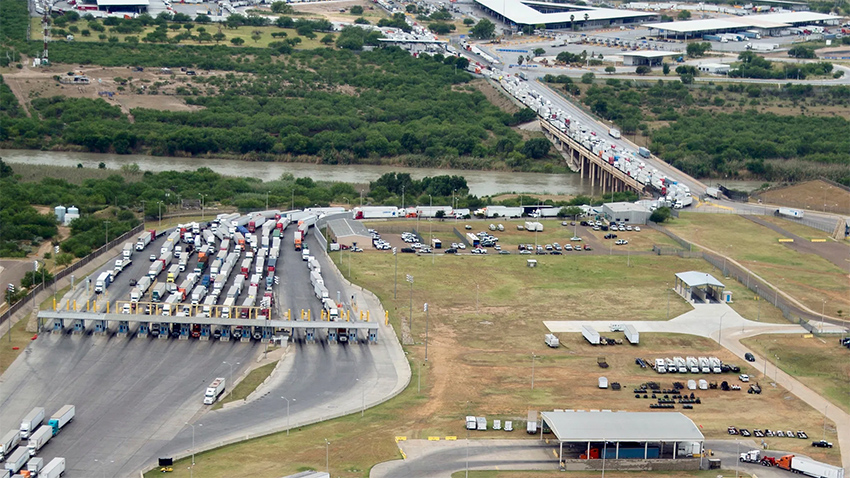 Trucks wait at the Nuevo Laredo-Laredo commercial freight border crossing