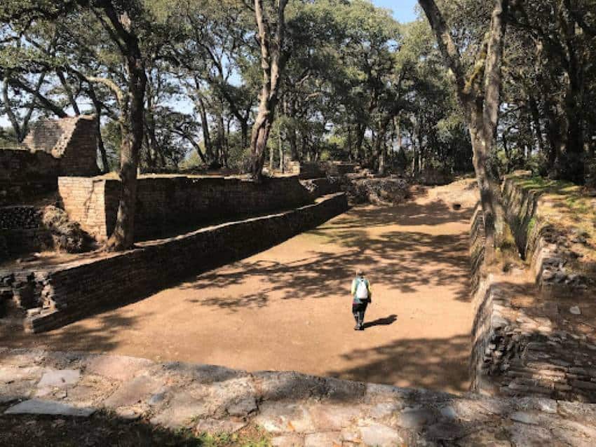 a woman in the distance walks through a wide dirt path bordered on two sides by low ancient stone walls and trees growing behind the walls. This is the remains of the prehistoric city of Las Ranas in Mexico