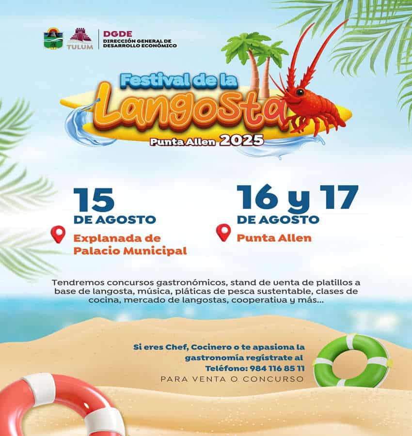 A promotional poster for the "Festival de la Langosta Punta Allen 2025" (Lobster Festival Punta Allen 2025) in Tulum and in Punta Allen, Mexico. The poster features a large graphic of a red lobster atop a wave-like design with the festival title. Palm trees flank the lobster, and a sunny blue sky with clouds forms the background.