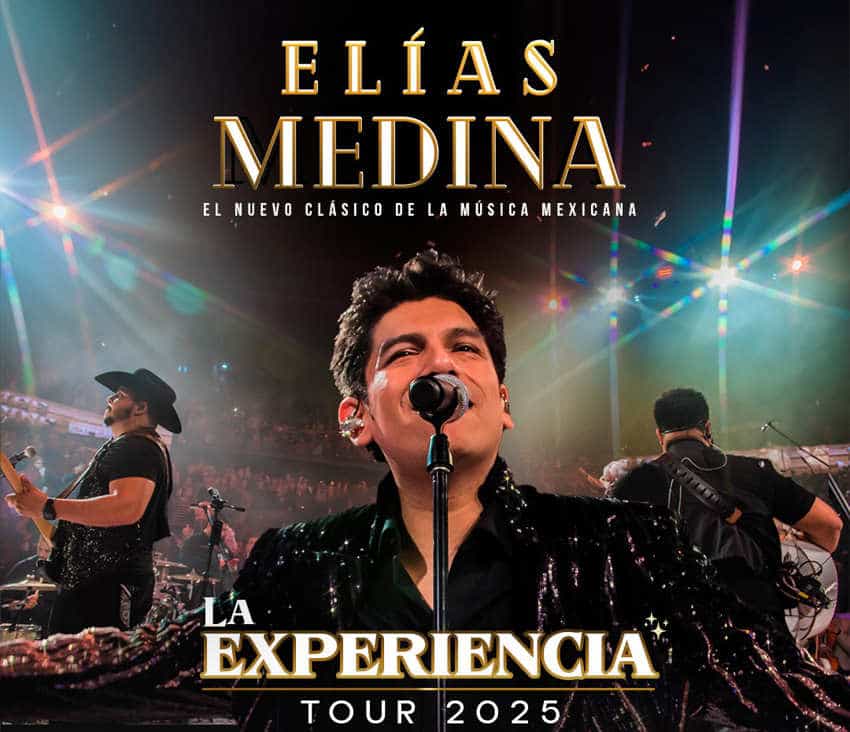 A concert promotional poster for "ELÍAS MEDINA: EL NUEVO CLÁSICO DE LA MÚSICA MEXICANA" (The New Classic of Mexican Music), advertising his "LA EXPERIENCIA" tour for 2025. The image features Elías Medina in the foreground, singing passionately into a microphone, illuminated by stage lights. Behind him, partially silhouetted, are other band members with their instruments.