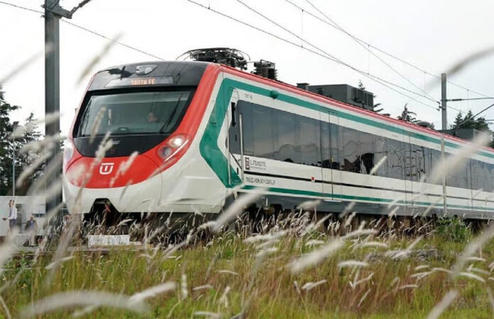 A red, white and green train speeds through a field.