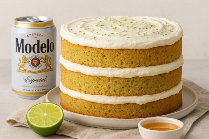 Image of a three-layer yellow cake with white frosting in between all the layers and on top, with grated lime zest on the top of the cake. The cake sits on a white plate, which is on a white tea towel. In front of the cake is half a lime and a tiny dipping bowl filled with honey. To screen left of the cake is an open can of Modelo Especial beer.
