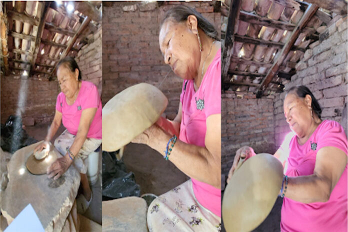 An elderly woman in a rustic backyard pottery workshop forms a ball of clay into a large bowl by hand without a potting wheel. The photo is a triptrych that shows different stages of her process in making the bowl.