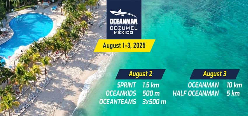 Promotional digital poster for the Oceanman Cozumel event in Cozumel, Mexico taking place August 1-3, 2025. An aerial photograph of a part of the Cozumel coastline on which is superimposed details about the event and its associated events. The photograph shows the ocean on one side and a beach club-type swimming pool on the other.