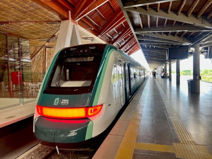 Front car of a Maya Train convoy in the Palenque station