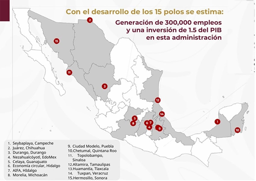 A map showing the location of 15 economic development hubs in Mexico