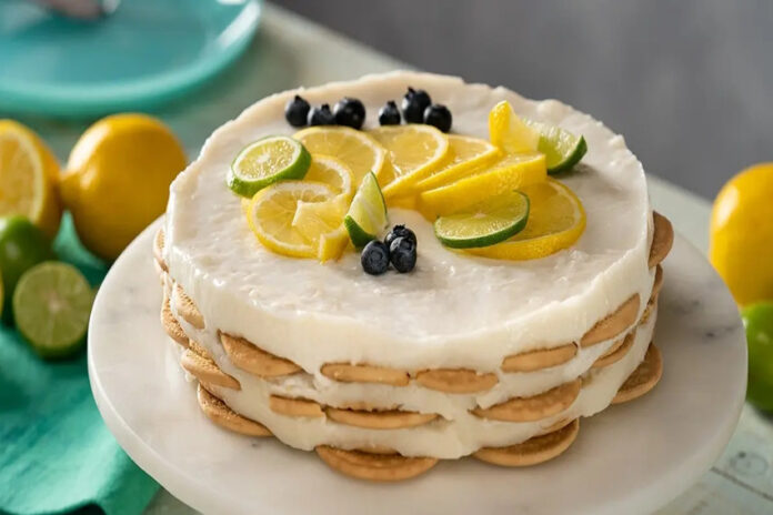 A round Carlota de limon cake with white cream cheese and condensed milk frosting with layers of round cookies presented on a white cake plate. It is topped with slices of lemon, lime and blueberries