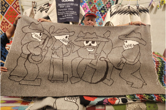 A hand-woven rug depicting a jazz band made of skeletons