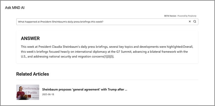 A screenshot of Mexico News Daily's new AI-powered search bar in action