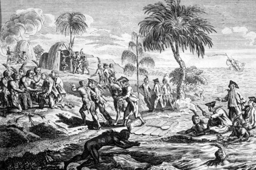 An illustration of sailors coming ashore at Cabo San Lucas