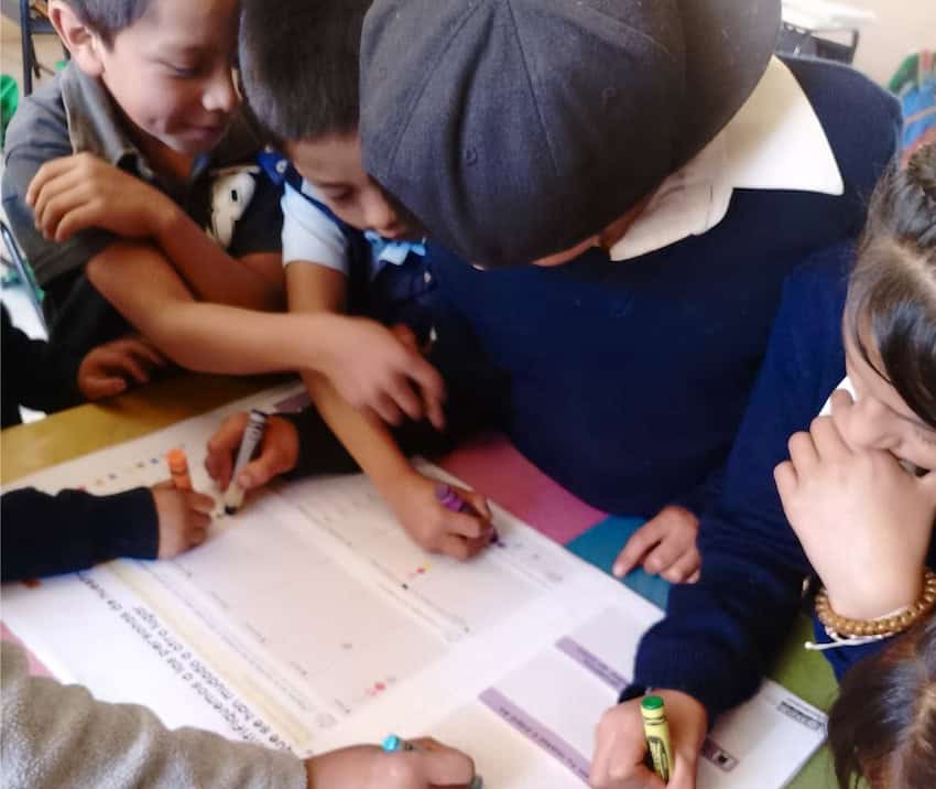A group of students work together on a community diagnostic tool developed by el Maíz Más Pequeño.