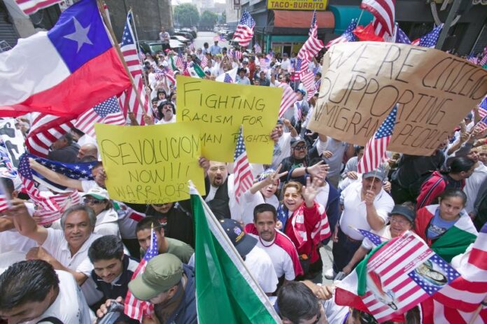 Street protest with US flags