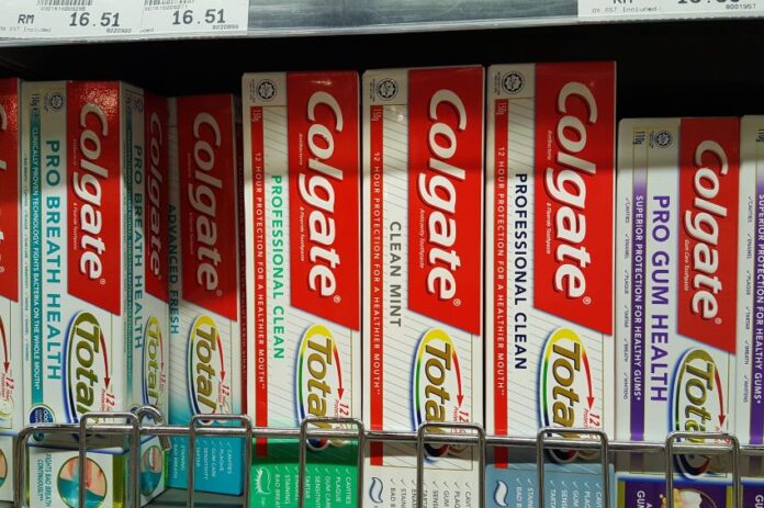 a shelf of toothpaste