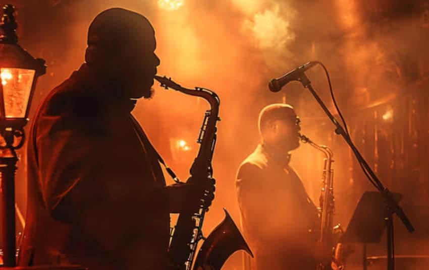 Two men playing saxophone on a smoky stage