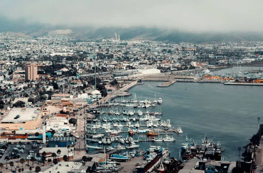 A view of several docks along the coast of urban Ensenada, Baja California
