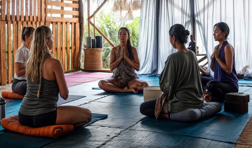 Five women are seated cross-legged on yoga mats in a rustic, open-air studio with wooden slatted walls, practicing meditation with their hands in various positions on their chests.